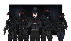  2girls 3boys absurdres angled_foregrip arm_behind_back artist_name assault_rifle bangdog belt black_gloves black_hair black_jacket black_mask black_pants black_shirt border braid breasts bulletproof_vest camouflage camouflage_jacket camouflage_pants combat_helmet denim dual_sights ear_protection eotech face_piercing faceless faceless_female faceless_male finger_to_mouth flashlight foregrip gloves glowstick gun h&amp;k_hk416 h&amp;k_ump hair_between_eyes hand_up handgun helmet highres holster indoors jacket jacket_tucked_in jeans laser_sight long_hair looking_at_viewer lpvo magazine_(weapon) mask mole mole_under_eye mouth_piercing multiple_boys multiple_girls necktie night_vision_device optical_sight original outside_border pants piercing pouch radio red_dot_sight red_eyes red_necktie rifle scope sharp_teeth shirt shushing sidelocks sight_magnifier small_breasts smile submachine_gun suppressor teeth thigh_holster trigger_discipline twin_braids vertical_foregrip weapon white_border 