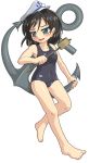  1girl anchor barefoot black_hair full_body green_eyes hat marisa_to_alice_no_cookie_storia murasa_minamitsu open_mouth sailor_hat school_swimsuit short_hair solo swimsuit touhou winn 