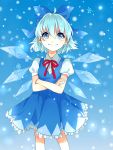  1girl artist_name blue_eyes blue_hair bow cirno crossed_arms dress hair_bow ice ice_wings ribbon rosette_(roze-ko) short_hair smile snow snowflakes solo touhou wings 