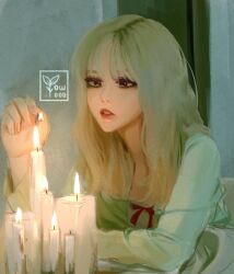  1girl artist_name bad_id bad_twitter_id black_eyeshadow blonde_hair blunt_bangs brown_eyes candle commentary eunha_(gfriend) eyeshadow gfriend highres holding indoors long_hair makeup oooyow parted_lips solo untranslatable_commentary upper_body watermark 