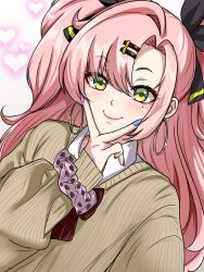  1girl alternate_costume black_ribbon blush closed_mouth earrings ecchinoidea green_eyes hair_ornament hair_ribbon hairclip heart highres jewelry long_hair looking_at_viewer mole mole_under_eye multicolored_nails nicole_demara pink_hair ribbon smile solo sweater two_side_up upper_body v v_over_mouth zenless_zone_zero 