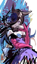  1girl animal_ears bare_shoulders blue_dress blue_flower blue_hat blue_rose breasts brown_hair closed_mouth dress flipped_hair flower fur_choker hair_over_one_eye hat hat_flower horse_ears horse_girl inishie_kumo long_hair long_sleeves looking_at_viewer off-shoulder_dress off_shoulder rice_shower_(rosy_dreams)_(umamusume) rice_shower_(umamusume) rose small_breasts smile solo tilted_headwear umamusume violet_eyes 
