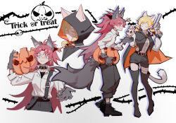  2girls animal_ears belt black_belt black_boots black_cloak black_pants black_shoes black_shorts blonde_hair boots cloak closed_mouth commentary cropped_torso drill_hair halloween highres holding holding_pumpkin hood hood_down hood_up jack-o'-lantern long_hair looking_at_another mahou_shoujo_madoka_magica mahou_shoujo_madoka_magica_(anime) multiple_girls multiple_views pants plant pumpkin red_hair sakura_kyoko shirt shoes shorts smile suspenders tail tomoe_mami trick_or_treat twin_drills vines white_background white_shirt winehusk 