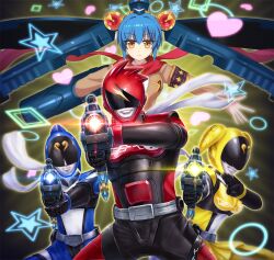  1boy 3girls aiming aiming_at_viewer akiba_blue akiba_red akiba_yellow arm_cannon armband armor assault_visor belt black_bodysuit black_gloves black_visor blazer blue_armor blue_hair bodysuit brown_jacket closed_mouth commentary_request gloves gun hair_weapon heart hikounin_sentai_akibaranger holding holding_gun holding_weapon jacket multiple_girls nijiyome_gakuen_z-cune_aoi orange_eyes outstretched_arms red_armor red_scarf scarf school_uniform shingo_(picturepuzzle) shirt spread_arms star_(symbol) tokusatsu weapon white_bodysuit white_scarf white_shirt yellow_armor 