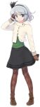  1girl :o alternate_costume argyle argyle_legwear brown_shoes ebizome full_body gloves green_eyes hair_ribbon hairband hand_in_hair jacket konpaku_youmu long_sleeves pantyhose pigeon-toed ribbon short_hair silver_hair simple_background skirt solo standing touhou white_background 