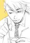  1boy drinking_straw eating face highres kaburagi_t_kotetsu looking_down monochrome necktie sketch solo tiger_&amp;_bunny tongue tongue_out usada_usako 