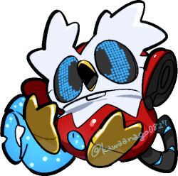  black_sclera blue_eyes chibi chibi_only colored_sclera commentary_request english_commentary full_body iron_bundle kawaanago lowres mixed-language_commentary no_humans non-humanoid_robot open_mouth pokemon pokemon_(creature) pokemon_focus robot solo transparent_background twitter_username 
