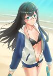  1girl beach bikini black-framed_eyewear black_bikini black_hair breasts collarbone flip-flops glasses green_eyes highres holding holding_shoes jacket kantai_collection long_hair long_sleeves mikan_29344886 navel ooyodo_(kancolle) sandals sandals_removed semi-rimless_eyewear shoes small_breasts smile solo swimsuit 