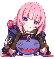  1girl absurdres black_gloves blue_coat blush closed_mouth coat commentary cosmos_(cos_mos_f) double_bun elbow_rest fingerless_gloves fingernails gloves hair_bun highres hood hooded_coat interlocked_fingers kaf_(kamitsubaki_studio) kamitsubaki_studio laplace_(kamitsubaki_studio) looking_at_viewer lying medium_hair nail_polish on_stomach own_hands_together pink_hair pink_nails pink_shoes purple_shoes red_pupils ringed_eyes shoes simple_background smile untranslatable_commentary violet_eyes virtual_youtuber white_background yellow_pupils 