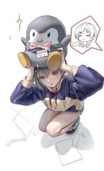  2girls absurdres anon_tokyo_(bang_dream!) bang_dream! bang_dream!_it's_mygo!!!!! blue_hoodie bobadd box brown_eyes cardboard_box chihaya_anon chinese_commentary commentary_request grey_hair hair_between_eyes highres hood hood_down hoodie long_sleeves multiple_girls open_mouth puff_of_air short_hair simple_background stuffed_animal stuffed_penguin stuffed_toy takamatsu_tomori white_background 