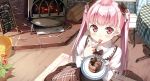  1girl absurdres blush cake chocolate dress food highres kantoku long_hair miyaguchi_kanna original pink_eyes pink_hair scan solo twintails 