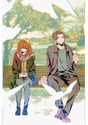  1boy 1girl absurdres bench bird brown_hair food highres holding holding_ice_cream_cone hood hoodie ice_cream ice_cream_cone jacket jean_grey marvel on_bench park park_bench peter_parker red_hair smile spider-man:_brand_new_day spider-man_(series) w2rom x-men 