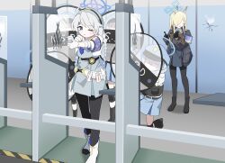  6+girls absurdres aiming animal_ears black_gloves black_jacket black_shoes blonde_hair blue_archive blue_eyes blue_halo braid clipboard commentary_request crack cracked_wall dog_ears dog_girl faceless faceless_female fuyubone gloves grey_hair gun halo highres holding holding_gun holding_pen holding_shield holding_weapon jacket kanna_(blue_archive) kirino_(blue_archive) long_sleeves multiple_girls one_eye_closed pen riot_shield shield shield_wall shoes shooting_range smith_&amp;_wesson_360 twin_braids valkyrie_police_academy_student_(sg)_(blue_archive) weapon white_gloves white_shoes 