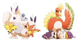  animal_focus articuno clenched_hand closed_eyes closed_mouth commentary entei fangs fiery_tail fiery_wings fire ho-oh lugia moltres mutsuri_(schwarzer-hund) no_humans on_shoulder open_mouth pokemon pokemon_(creature) pokemon_focus pokemon_on_shoulder raikou red_eyes simple_background suicune tail white_background wings zapdos 