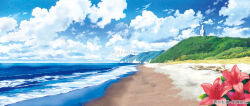  asama_fumi beach blue_sky clouds cloudy_sky commentary_request day driftwood flower flower_request highres hill landscape log no_humans original outdoors red_flower sample_watermark scenery shore sky statue summer watermark waves 