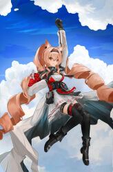  1girl absurdres angelina_(arknights) angelina_the_mellow_wish_(arknights) animal_ears arknights arm_up balloon belt_pouch black_boots black_gloves black_hairband black_shorts black_thighhighs boots brown_eyes brown_hair clouds commentary_request detached_sleeves dress floating_hair flying fox_ears fox_girl full_body gloves hairband hand_up highres infection_monitor_(arknights) long_hair long_sleeves looking_at_viewer open_mouth pouch shorts shorts_under_dress smile solo teeth thigh-highs thigh_strap twintails upper_teeth_only very_long_hair white_dress yi_ke_bo_he_tang 