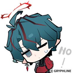  1boy arknights arknights:_endfield arm_strap blue_eyes blue_hair camille_(arknights) chibi chibi_only hair_between_eyes halo hand_up jewelry lowres multicolored_hair official_art one_eye_closed pointy_ears red_hair red_halo sticker_(medium) streaked_hair sweat turtleneck 