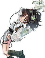  1girl :p absurdres an-an_lee arm_up black_hair black_leg_warmers black_shoes foot_out_of_frame from_side goggles goggles_on_head grey_skirt hand_on_own_hip hand_up highres john_lalonde leaning_back leg_up leg_warmers looking_at_viewer medium_hair miniskirt official_alternate_costume pencil_skirt ponytail reverse:1999 russian_commentary see-through_clothes see-through_sleeves shirt shoes skirt solo tongue tongue_out white_background white_shirt yellow_eyes 
