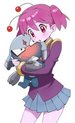  1boy 1girl alien alien_natsumi blush colored_skin commentary_request doruru frog funifuchan highres hinata_natsumi hug keroro_gunsou pink_skin pleated_skirt pointy_ears purple_hair red_eyes school_uniform short_twintails skirt twintails 