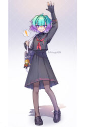  ! 1girl absurdres alternate_costume artist_name black_gloves black_pantyhose black_serafuku black_shoes black_skirt blue_hair character_doll commentary_request doll elbow_gloves fate/grand_order fate_(series) gloves grin hair_intakes highres kibinago_(kibinago614) locusta_(fate) long_skirt looking_at_viewer multicolored_hair nero_claudius_(fate) nero_claudius_(lostroom_outfit)_(fate) pantyhose partially_fingerless_gloves purple_hair school_uniform serafuku sharp_teeth shoes short_hair skirt smile solo spoken_exclamation_mark teeth two-tone_hair violet_eyes waving 