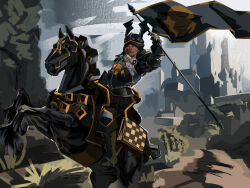  1boy armor black_armor black_helmet black_horse castle commentary english_commentary flag helmet highres holding holding_flag horse horseback_riding mischief-fi riding solo the_witcher_(series) the_witcher_3 winged_helmet 