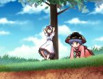  2girls all_fours arms_behind_head black_hair bow bowl clouds dress hat horns japanese_clothes kijin_seija kimono multicolored_hair multiple_girls purple_hair red_eyes redhead satou_yuuki short_hair smile streaked_hair sukuna_shinmyoumaru touhou tree white_hair 