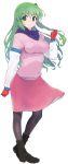  1girl alternate_costume black_boots boots detached_sleeves ebizome frog frog_hair_ornament full_body gloves green_eyes green_hair hair_ornament kochiya_sanae long_hair long_sleeves pantyhose pink_skirt pink_sweater simple_background skirt smile snake solo standing touhou white_background 