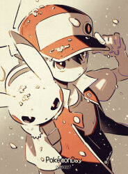  1boy anniversary bright_pupils closed_mouth commentary_request dated hand_on_headwear hat highres jacket male_focus oharu-chan on_shoulder open_clothes open_jacket pikachu pokemon pokemon_(creature) pokemon_day pokemon_on_shoulder pokemon_red/green/blue/yellow red_(pokemon) shirt short_sleeves snowing twitter_username 
