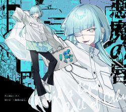  1boy 3103vv :p absurdres akuma_no_kuchibiru amputee aqua_background aqua_hair aqua_pupils aqua_shirt arm_up bell-bottoms black_pants blunt_ends blunt_sidelocks breast_pocket call_of_cthulhu character_name commentary_request copyright_name diagonal_bangs ear_piercing earrings eyepatch face_piercing full_body high_collar highres holding holding_suitcase jacket jellyfish_cut jewelry lip_piercing long_hair long_sleeves looking_at_viewer male_focus medical_eyepatch neon_sign o-ring one_eye_covered pankou pants piercing pocket print_shirt shirt shoes sidelocks sleeves_past_fingers sleeves_past_wrists slit_pupils solo standing sticker suitcase tongue tongue_out untucked_shirt upturned_eyes white_jacket white_shoes yellow_eyes zoom_layer 