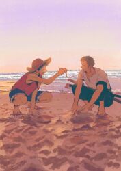  2boys 7nawon bare_shoulders barefoot beach black_hair black_pants blue_shorts closed_eyes commentary full_body fur-trimmed_shorts fur_trim green_hair hat holding horizon katana looking_at_another male_focus monkey_d._luffy multiple_boys ocean one_piece outdoors pants red_vest roronoa_zoro sand sheath sheathed shirt shorts squatting straw_hat sword vest weapon white_shirt 