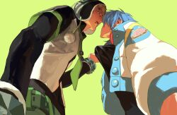  2boys absurdres beanie black_shirt blonde_hair clothes_grab commentary_request dramatical_murder earflap_beanie eyebrow_piercing face-to-face face_piercing from_below grabbing_another's_shirt green_background green_necktie hat headphones headphones_around_neck highres jacket lip_piercing male_focus multiple_boys myqqroom necktie noiz_(dramatical_murder) nose_piercing open_mouth piercing seragaki_aoba shirt short_hair simple_background upper_body white_jacket 
