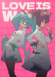  2girls adjusting_eyewear animal_ear_fluff animal_ears aqua_eyes aqua_hair black_hair breast_pocket closed_mouth collared_coat double-parted_bangs egh_(ssquan) eyelashes feet_out_of_frame from_side hand_on_own_hip hands_in_pockets hatsune_miku high_collar highres kasane_teto lab_coat leaning_back long_hair long_sleeves looking_at_viewer multicolored_hair multiple_girls pink_background pocket red_eyes red_streaks semi-rimless_eyewear sidelocks song_name streaked_hair text_background twintails under-rim_eyewear utau very_long_hair vocaloid 
