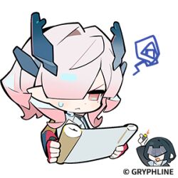  2girls arknights arknights:_endfield blue_horns chibi chibi_only endministrator_(arknights) female_endministrator_(arknights) hair_over_one_eye holding holding_lighter holding_scroll horns jacket lighter lowres medium_hair mi_fu_(arknights) mole mole_under_eye multicolored_eyes multiple_girls nervous_sweating official_art pink_hair pointy_ears reading red_eyes scroll squiggle sweat white_jacket 