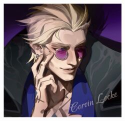 1boy absurdres adjusting_eyewear blackrosef13632 blonde_hair blue_eyes blue_shirt collar ear_piercing glasses highres league_of_legends lips locke_(league) male_focus piercing purple-tinted_eyewear round_eyewear shirt signature simple_background smile solo tattoo tinted_eyewear 