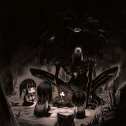  1boy 2girls child closed_mouth clover_(flower) commentary dark deformed extra_eyes facing_another facing_away flower from_behind from_side full_body glowing_flower holding holding_flower horror_(theme) jun_(navigavi) long_hair looking_at_another monochrome monster multiple_girls on_ground original ponytail robe short_hair sidelocks squatting 