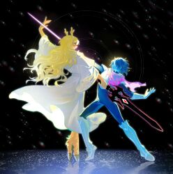  1girl 1other absurdres androgynous animal_ears animal_nose antlers arm_up armor armored_boots bandana black_background blonde_hair blue_armor blue_bodysuit blue_eyes blue_hair blue_skin bodysuit boots breastplate closed_mouth colored_skin covered_eyes deer_antlers deer_ears deer_girl deltarune dress english_commentary eyelashes floating_clothes floating_hair from_side full_body furry furry_female furry_with_non-furry gauntlets hair_between_eyes hair_over_eyes hand_up highres holding holding_sword holding_weapon horns humbleleafy ice interspecies knight kris_(dark_world)_(deltarune) kris_(deltarune) long_hair long_sleeves looking_at_another noelle_holiday noelle_holiday_(dark_world) official_alternate_costume other_with_female purple_bandana reflection short_hair snowing standing sword teeth torn_clothes utdr_(toby_fox) wavy_hair weapon white_dress wide_sleeves yellow_fur 