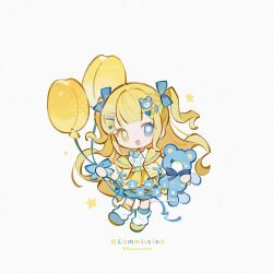  1girl :d ball_hands balloon blonde_hair blue_bow blue_eyes blue_shorts blunt_bangs bow bright_pupils chibi chibi_only commission full_body hair_bow heterochromia highres holding holding_balloon holding_stuffed_toy kanae_(cookie) long_hair looking_at_viewer open_mouth original sample_watermark shirt shorts simple_background smile solo standing stuffed_animal stuffed_toy teddy_bear twitter_username two_side_up very_long_hair watermark white_background white_pupils white_shirt yellow_eyes 