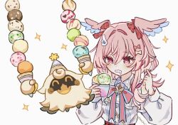  1girl blue_wings bow bowtie commentary_request drooling food genshin_impact hair_between_eyes hair_ornament head_wings heart heart-shaped_pupils holding holding_food holding_ice_cream holding_ice_cream_cone holding_spoon ice_cream ice_cream_cone linnea_(genshin_impact) long_hair long_sleeves lumi_(genshin_impact) mouth_drool official_alternate_costume open_mouth pink_bow pink_bowtie pink_eyes pink_hair pink_wings pointy_ears shirt simple_background solo sparkle spoon symbol-shaped_pupils tori26 two-tone_wings upper_body white_background white_shirt wings 