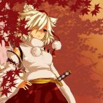  1girl animal_ears autumn_leaves breasts detached_sleeves hair_over_one_eye hand_on_hip hat inubashiri_momiji katana leaf midriff pom_pom_(clothes) red_eyes short_hair silver_hair solo sword tail tokin_hat touhou weapon wolf_ears wolf_tail 