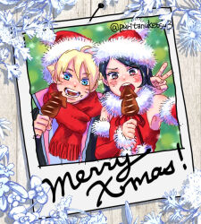  1boy 1girl black_hair black_jacket blonde_hair blue_eyes boruto:_naruto_next_generations boruto_(series) brown_eyes commentary_request detached_sleeves dress eating facial_mark flower food food_on_face fur-trimmed_dress fur-trimmed_sleeves fur_trim hat holding holding_food ikayaki jacket merry_christmas naruto_(series) okamine_yuiko photo_(object) red_scarf santa_costume santa_dress santa_hat scarf selfie short_hair sleeveless sleeveless_dress twitter_username uchiha_sarada uzumaki_boruto v whisker_markings 
