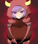  1girl :q blush breasts bust fake_horns flipped_hair gloves hood horned_headwear huge_breasts kagari_(pokemon) kagari_(pokemon)_(remake) licking_lips looking_at_viewer naughty_face oro_(zetsubou_girl) pokemon pokemon_(game) pokemon_oras purple_hair red_background ribbed_sweater short_hair solo sweater team_magma tongue tongue_out uniform violet_eyes 