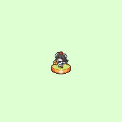  1girl absurdres bird_wings black_skirt black_wings brown_hair commentary_request cooking_(cooking72947581) full_body green_background hat hauchiwa highres pixel_art pom_pom_(clothes) red_eyes red_hat shameimaru_aya shirt simple_background skirt solo tokin_hat touhou white_shirt wings 