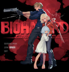  1boy 2girls aiming barefoot beard_stubble belt black_background black_belt blonde_hair blue_hair blue_pants blue_shirt blush brown_eyes brown_hair character_name closed_eyes closed_mouth clothes_grab collared_shirt colored_smoke commentary copyright_name dress earrings emily_(resident_evil) facial_hair fl_(l-fl) flashlight frilled_dress frills frown full_body furrowed_brow gloves grace_ashcroft grey_gloves grey_pants grey_shoes gun hair_behind_ear hand_on_another's_shoulder hand_up handgun highres holding holding_flashlight holding_gun holding_weapon hood hood_down hooded_jacket jacket jacket_grab jewelry leon_s._kennedy long_sleeves looking_ahead looking_to_the_side multiple_girls muscular_arms orange_jacket outstretched_arms pants parted_bangs popped_collar requiem_(gun) resident_evil resident_evil_requiem revolver scared shirt shoes short_hair sidelighting sideways_glance smoke squinting standing start_menu stubble three-quarter_sleeves weapon white_dress white_shirt 
