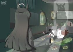  3girls agnes_tachyon_(umamusume) ahoge artist_name black_coat black_hair black_pantyhose book broken_glass brown_hair coat different_shadow erlenmeyer_flask family_guy_death_pose_(meme) flask glass highres lab lab_coat lever long_hair long_sleeves manhattan_cafe_(umamusume) meme mikairu_heven multiple_girls pantyhose shoes short_hair signature snail spill stasis_tank sunday_silence_(racehorse) sweatdrop tachyon's_shady_new_drug_(umamusume) twitter_username umamusume very_long_hair white_coat white_shoes 