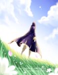  1girl boots butterfly clouds facing_away field fire_emblem fire_emblem:_kakusei flower grass hooded hoodie my_unit robe 