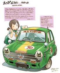  1girl black_eyes brown_hair car dated green_car green_sailor_collar green_skirt hand_up highres honda honda_n360 leaning_forward looking_at_viewer motor_vehicle neckerchief one_eye_closed open_mouth pleated_skirt race_vehicle racecar sailor_collar saitama_360_club school_uniform sekihan serafuku short_hair short_sleeves short_twintails signature skirt smile solo teeth translation_request twintails upper_teeth_only v vehicle_focus vehicle_name yellow_neckerchief 