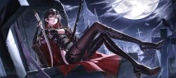  1girl absurdres bird black_boots black_hair boots breasts brown_pantyhose colored_inner_hair crow dutch_angle full_body full_moon high_heel_boots high_heels highres holding holding_sword holding_weapon knee_boots long_hair long_legs looking_at_viewer medium_breasts moon multicolored_hair night original pantyhose red_hair round_eyewear sitting solo sword thighs tiokun7 weapon 