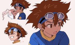  1boy blue_headband blue_shirt brown_eyes brown_hair commentary_request creature digimon digimon_(creature) feng_(feng_efu) gloves goggles goggles_on_head grin hair_between_eyes headband holding holding_creature koromon male_focus multiple_views open_mouth shirt short_hair smile white_gloves yagami_taichi 