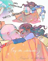  1boy 1girl aang artist_name avatar_aang:_the_last_airbender avatar_legends bald bead_necklace beads blue_dress brown_hair capelet dark-skinned_female dark_skin double_bun dress english_text father_and_child father_and_daughter grin hair_bun half_updo happy_tears head_tattoo hug jewelry kya_(legend_of_korra) lacampanule long_hair necklace orange_capelet parent_and_child parted_bangs smile tears teeth 