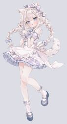  1girl :o animal_ear_fluff animal_ears apron blue_eyes bow braid brown_hair cherry commentary_request cup detached_sleeves dress ear_bow food frilled_apron frilled_dress frills fruit full_body grey_background grey_shoes highres holding holding_cup hoshi_(snacherubi) long_hair low_twintails original parted_lips plaid_bow plaid_clothes plaid_dress plaid_sleeves puffy_short_sleeves puffy_sleeves ribbon-trimmed_socks ribbon_trim shoes short_sleeves signature simple_background sleeveless sleeveless_dress socks solo standing standing_on_one_leg tail twin_braids twintails very_long_hair waist_apron white_apron white_socks wrist_cuffs 